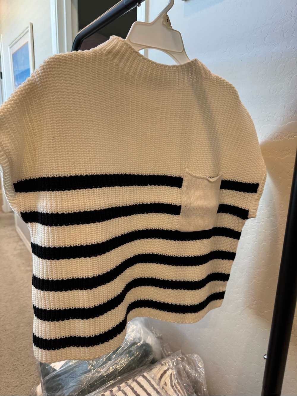 Zenana Outfitters Cream and Black Striped Short-Sleeve Knit Sweater